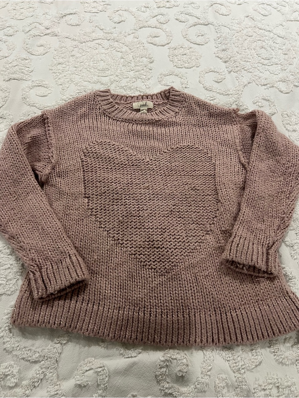 Peek Girls XL 12 Blush Pink Heart chunky knit sweater